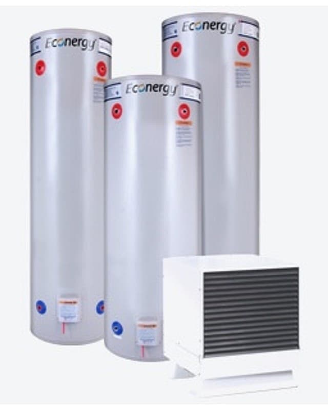 Insulated stainless steel hot water cylinders with a heat pump unit